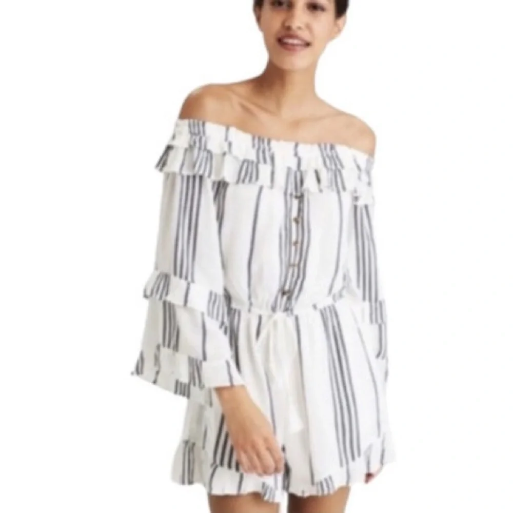 American Eagle Outfitters Off-Shoulder Striped Jumpsuit - White and Blue - Picture 2 of 5